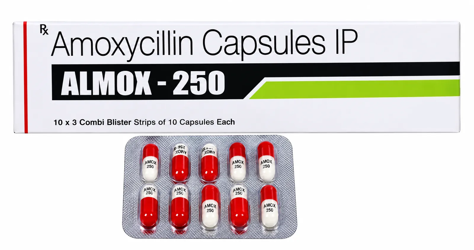 Fish Mox amoxicillin 250 mg capsules for aquarium fish, blister strip and box. The active ingredient is exactly as described; brand and packaging may vary.