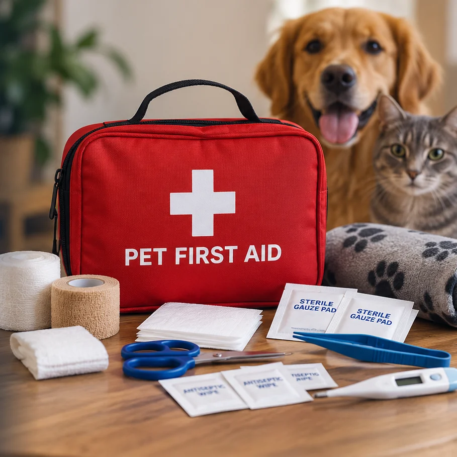 Pet first-aid kit for dogs and cats — red zippered case with bandages, gauze, antiseptic wipes, scissors, tweezers, and a thermometer, shown with a dog and cat. Contents may vary.